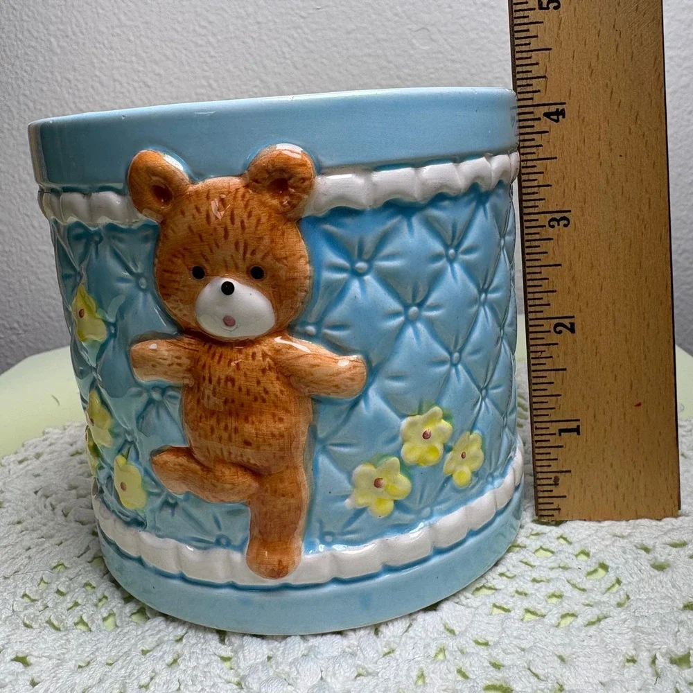 Vintage Blue Teddy Bear Planter Pot Nursery Decor Kitsch Ceramic
